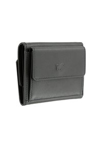 Portafoglio compatto in pelle nera con patta piatta e logo animale impresso, mostrato chiuso con un leggero angolo su sfondo bianco.