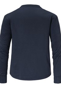 Marineblaues Langarmshirt aus weichem Baumwollmaterial, mit klassischem Kragen und taillierten Ärmeln mit gerippten Bündchen, glatter Textur und ohne Muster.
