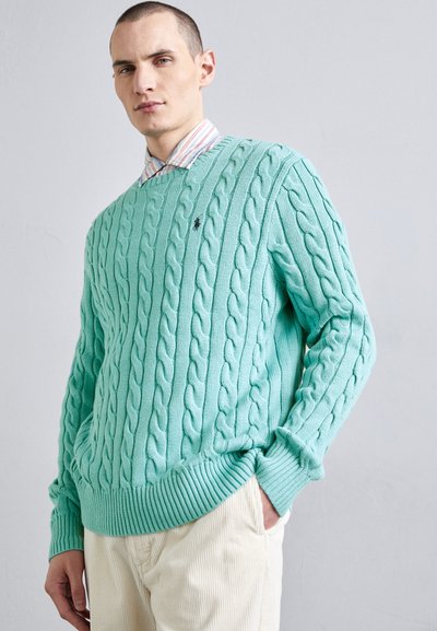 Pull en maille torsadée vert menthe avec des poignets et un ourlet côtelés, porté par-dessus une chemise à col rayée. Tissu en mélange de coton avec un subtil détail de marque.