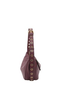 Burgundy leather shoulder bag with a flat shape, gold-tone hardware, and a strap featuring circular cutouts and studs along its length.