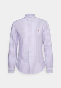 Chemise boutonnée à rayures violet clair avec des manches longues, col, et un petit logo brodé sur la poitrine.