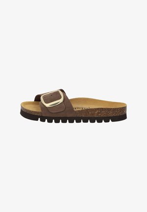 Brown suede slide sandal with large gold buckle, cork footbed, and black ridged rubber sole, shown in side profile.