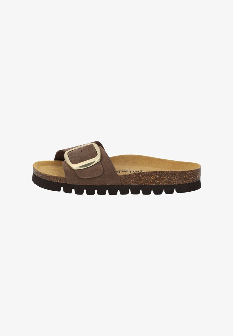 Brown suede slide sandal with large gold buckle, cork footbed, and black ridged rubber sole, shown in side profile.