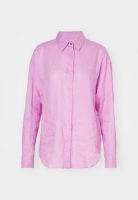 Light pink linen shirt with a pointed collar, long sleeves, front buttons, and a single chest pocket. Soft texture with a casual fit.