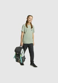 Sivý a svetlozelený batoh s čiernymi akcentmi, nastaviteľnými popruhmi a nášivkami. Model nosí svetlozelené tričko a čierne nohavice.