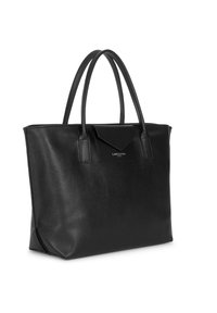 Sac fourre-tout en cuir noir présentant une surface texturée, deux poignées supérieures et un fermoir à rabat avec un accent logo sur le devant.