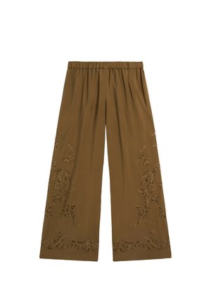 Massimo Dutti, FLOWING WIDE-LEG PANTS WITH EMBROIDERED DETAIL - Pantaloni - khaki
