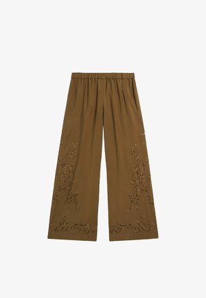 Massimo Dutti, FLOWING WIDE-LEG PANTS WITH EMBROIDERED DETAIL - Bukser - khaki