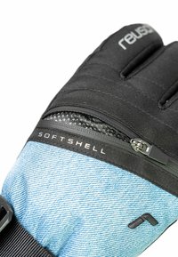 Schwarze Softshell-Handschuhe mit einem blau denimähnlichen Stoffbereich, ausgestattet mit einer Reißverschlusstasche und Logodetails im Handgelenkbereich.