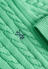 Grüner Strickpullover mit einem Zopfstrickmuster, ausgestattet mit einem gerippten Kragen und einem gestickten Logo in Marineblau.