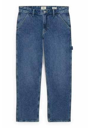 Blauwe denim jeans met rechte pijpen, voorzakken, lussen voor een riem, knoopsluiting en een kleine lus aan de zijkant van het rechterbeen.