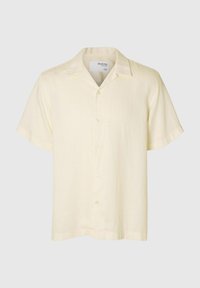 Camicia a maniche corte con colletto di colore giallo pallido, realizzata in tessuto leggero. Presenta una chiusura con bottoni frontale e una consistenza morbida. Design pulito e semplice.