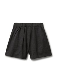 Shorts grigi scuri con elastico in vita, caratterizzati da un sottile motivo a quadri e una leggera piega frontale, disposti piatti su uno sfondo bianco.