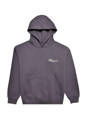 Dark purple hooded sweatshirt made of soft material, featuring a front pouch pocket and a logo accent on the left chest area.