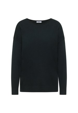 Sort sweater lavet af blødt stof, med rund halsudskæring, lange ærmer og en løs pasform med ribkantede manchetter og kant.