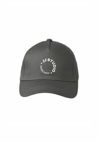 Gray baseball cap with a curved brim, fabric texture, and circular white logo that reads "JJ STUDIO DENIM CREW."