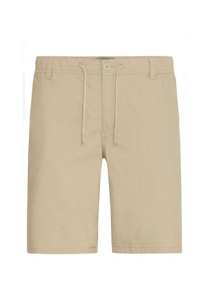 Beige Shorts aus leichtem Material mit einem Kordelzugbund und einem einzigen Knopfverschluss. Flaches Vorderdesign, knielange Schnitt.