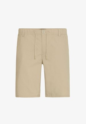 Beige Shorts aus leichtem Material mit einem Kordelzugbund und einem einzigen Knopfverschluss. Flaches Vorderdesign, knielange Schnitt.