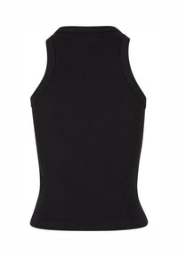 Černý žebrovaný top na ramínka s přiléhavým střihem, bez rukávů a s kulatým výstřihem. Hladká textura s čistým, minimalistickým designem.