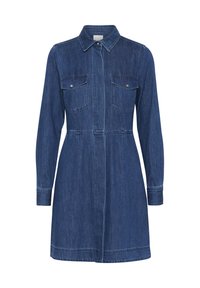 Denim shirt dress, dark blue, button-up front, long sleeves, two chest pockets, waist seam for shaping, and straight hemline.