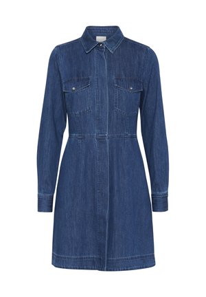 Vestido de camisa de denim, azul oscuro, con botones en la parte delantera, mangas largas, dos bolsillos en el pecho, costura en la cintura para dar forma y dobladillo recto.