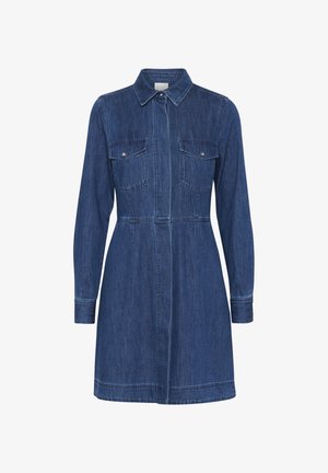 Vestido de camisa de denim, azul oscuro, con botones en la parte delantera, mangas largas, dos bolsillos en el pecho, costura en la cintura para dar forma y dobladillo recto.