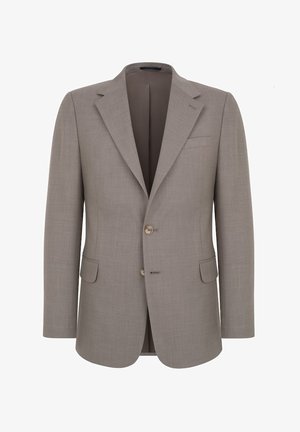 Szary żakiet z teksturowanej tkaniny, z klapami w kształcie notch, zapięciem na dwa guziki z przodu oraz dwiema przednimi kieszeniami. Podszewka wewnętrzna z kieszenią na piersi.