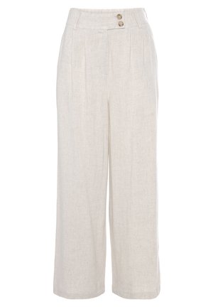 Linen wide-leg pants in light beige with a smooth texture, featuring a high waist, two front pleats, and two decorative buttons.