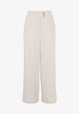 Helle beige Leinen-Hose im Weitleg-Style mit einer glatten Textur, hoher Taille, zwei vorderen Falten und zwei dekorativen Knöpfen.