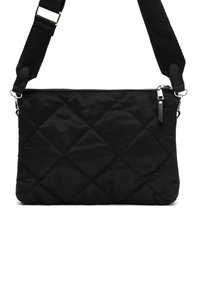 Sac à épaule noir matelassé avec fermeture éclair, bandoulière ajustable et quincaillerie brillante. Texture douce avec des motifs en losange sur toute sa surface.