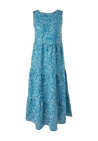 Robe bleue à motif de feuilles, sans manches, avec une jupe à volants ; fabriquée en tissu léger.