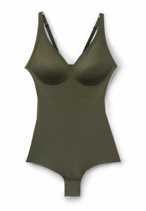 Body près du corps vert olive avec bonnets moulés, bretelles réglables et fermetures à pression à l'entrejambe, posé à plat sur un fond blanc.