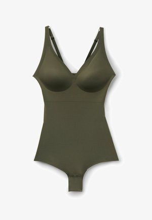 Body ajustado color verde oliva con copas moldeadas, tirantes ajustables y cierres de presión en la entrepierna, desplegado sobre un fondo blanco.