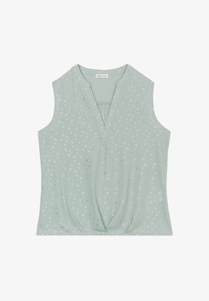 Jasnozielony bezrękawnik z dekoltem w serek, plisowanymi detalami i rozproszonym wzorem kwiatowym w bieli. Wykonany z miękkiego, gładkiego materiału.