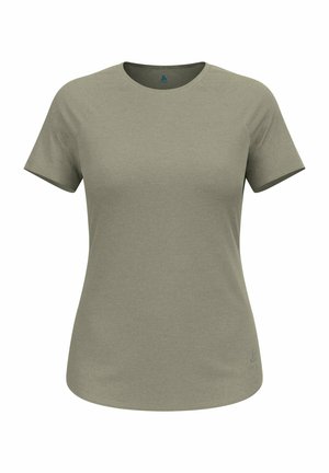 Olivgrünes T-Shirt mit kurzen Ärmeln aus weicher Baumwolle. Es hat einen runden Halsausschnitt und einen sauberen Saum, mit einem dezenten Logo nahe dem Saum.