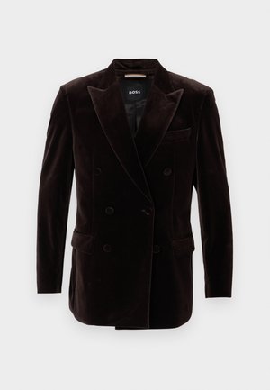 Kahe nööbiga must sametist ülikondjakk teravate kraede ja kuue kaetakse nööbiga, esiflapiga taskud, rinnanäpu tasku ja BOSSi silt krae sees.