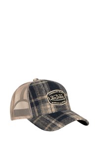 Casquette à carreaux bleus et bruns avec un dos en filet beige, ornée d'un patch logo rond portant l'inscription "Von Dutch né en Californie."