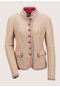 Beige Wolljacke aus strukturiertem Stoff, mit rundem Halsausschnitt und kontrastierendem grau-rotem Besatz. Verfügt über sechs Knöpfe und zwei Fronttaschen.