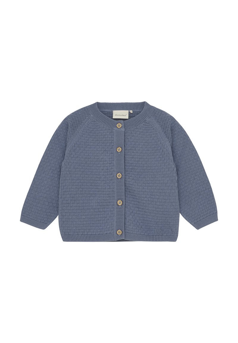 Blå strikket cardigan med raglanærmer, fem træknapper, ribbede manchetter og struktureret stingmønster. Blødt stof og afslappet design.