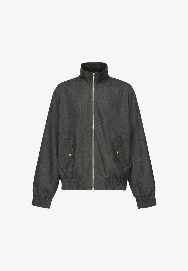 Veste zippée gris foncé, dotée d'un col montant, de poignets et d'un ourlet élastiques, de deux poches avant et d'une texture subtile.