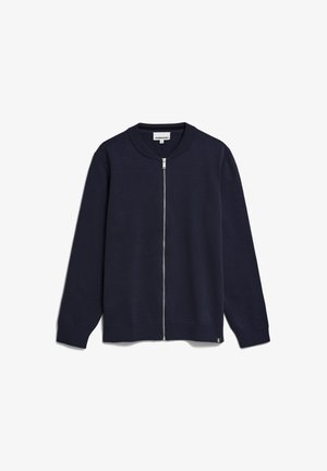 Navy-blaues Zip-Up-Strickjacke aus gestricktem Stoff, mit Rundhalsausschnitt, langen Ärmeln, gerippten Bündchen und Saum sowie einem kleinen Markenetikett an der Unterseite.