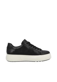 Black leather sneaker with a rounded toe, flat white rubber sole, and black laces. Smooth texture with minimal accents.
