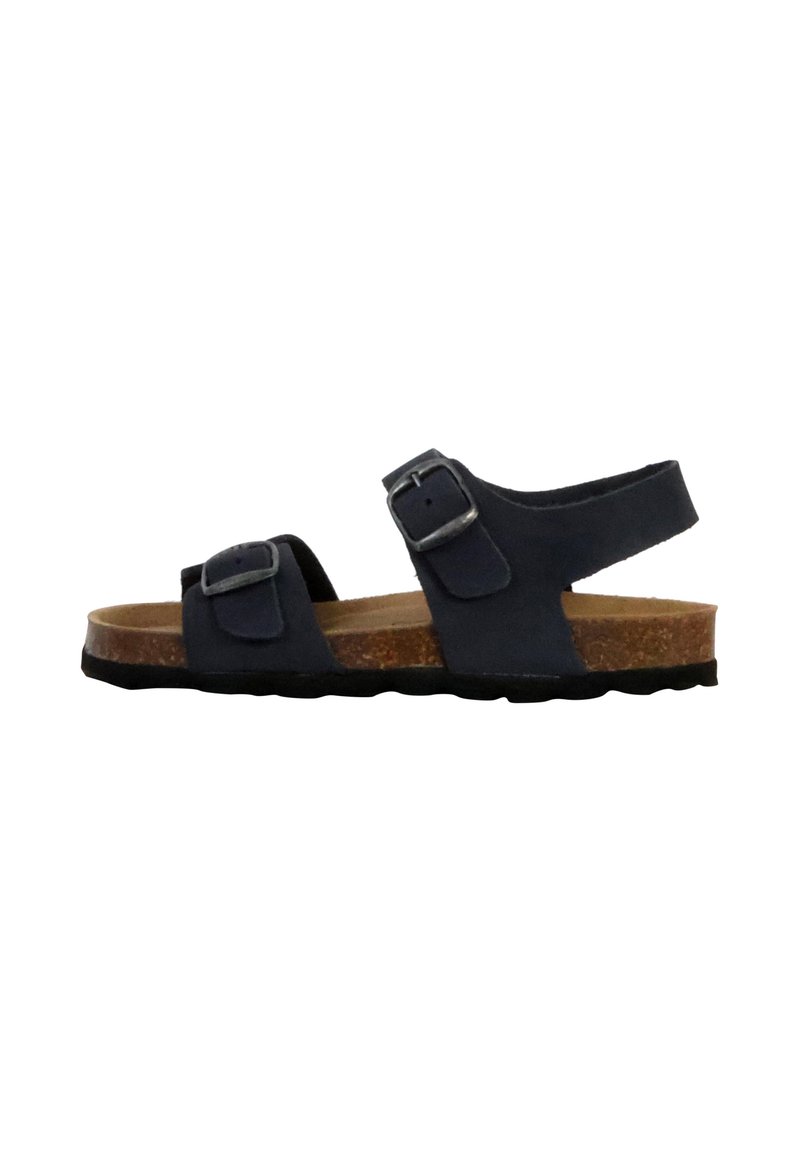 Sandalini blu navy con due cinturini regolabili e fibbie argentate. Suola in sughero e soletta in gomma nera, caratterizzata da una superficie texturizzata.