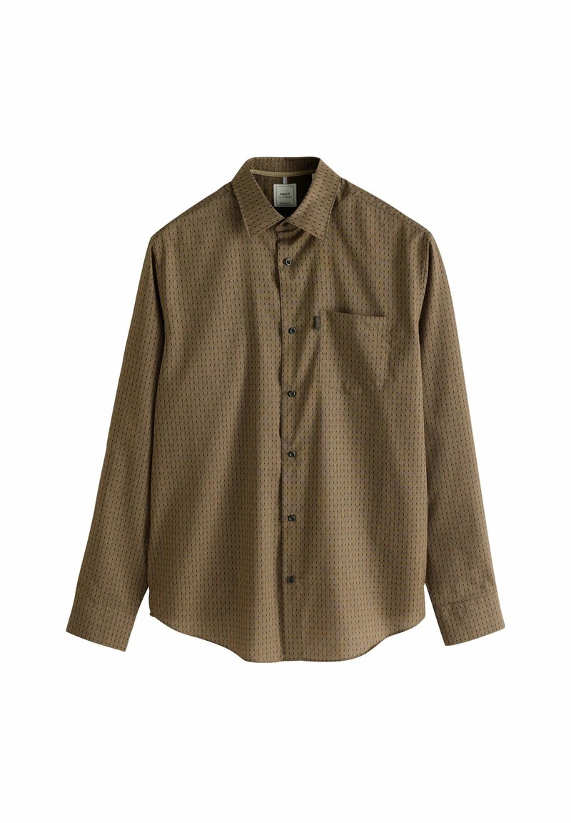 Brown long-sleeve button-up shirt with small geometric pattern, pointed collar, chest pocket, and black buttons down the front.