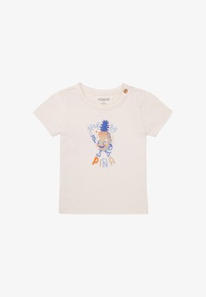 Cremefarbenes Baumwoll-T-Shirt mit kurzen Ärmeln und rundem Halsausschnitt. Es zeigt eine verspielte Ananas-Grafik und den Text "Happy Piña" in Blau und Orange.