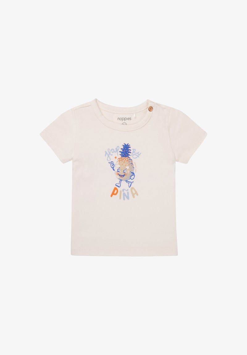 Crème-kleurig katoenen T-shirt met korte mouwen en een ronde halslijn, voorzien van een speelse ananasafbeelding en de tekst "Happy Piña" in blauw en oranje.