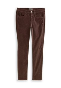 Bruine corduroy broek met een slim fit. Voorzien van zijzakken, een tailleband met riemlussen en een metalen knoopsluiting. Zachte textuur.