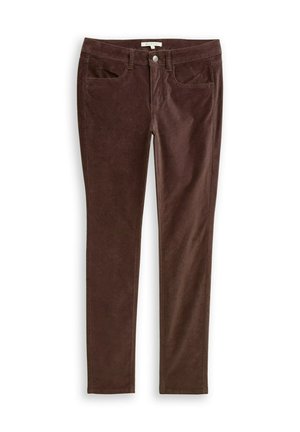 Braune Corduroy-Hosen mit schlankem Schnitt. Mit frontalen Taschen, einem Bund mit Gürtelschlaufen und einem Metallknopfverschluss. Weiche Textur.