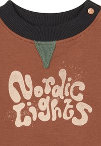 Brązowa bawełniana koszulka z czarnym prążkowanym dekoltem, zielonym akcentem w kształcie v oraz napisem "Nordic Lights" w stylizowanej kremowej czcionce.