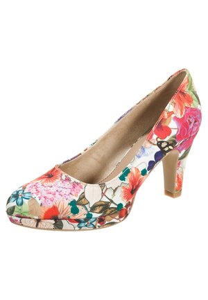 Dames hoge hakschaar met bloemenpatroon, multicolore bloemen, beige hak en beige binnenvoering.